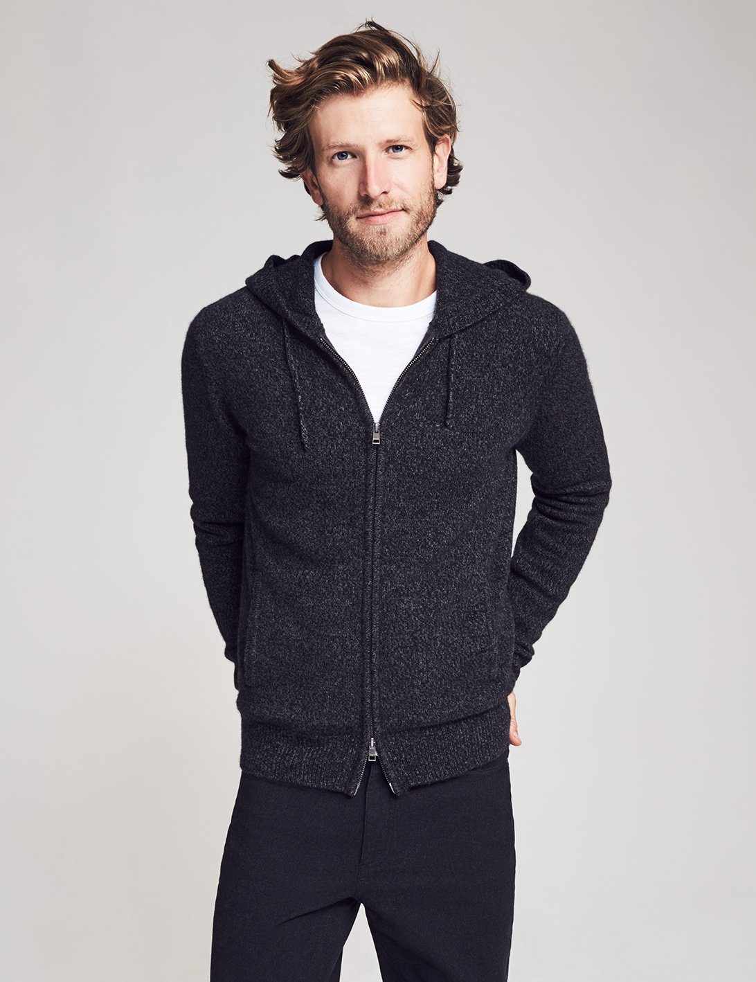 Cashmere Wool Full Zip Hoodie - Charcoal Marl
