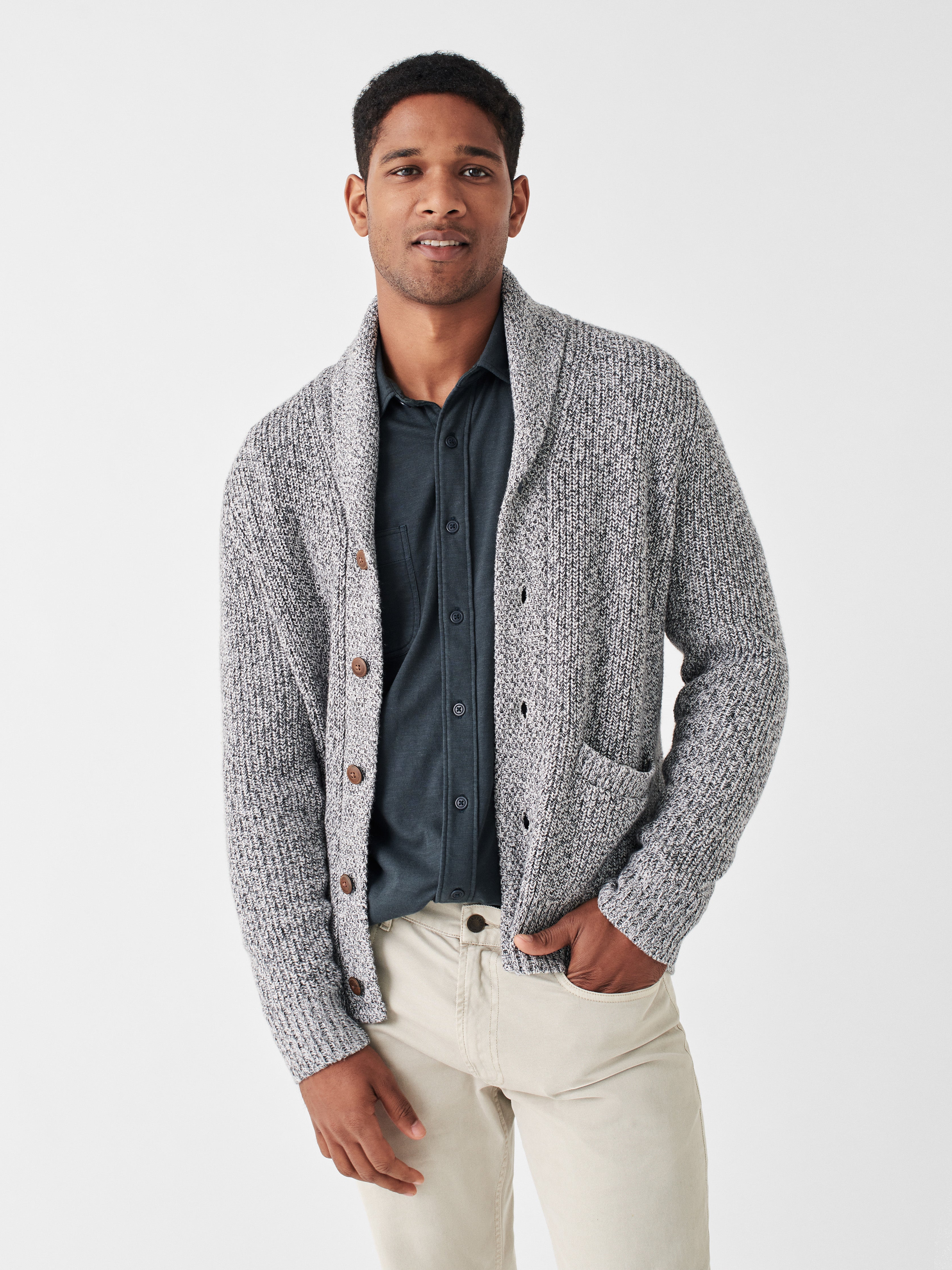 Marled Cotton Cardigan - Light Grey Marl