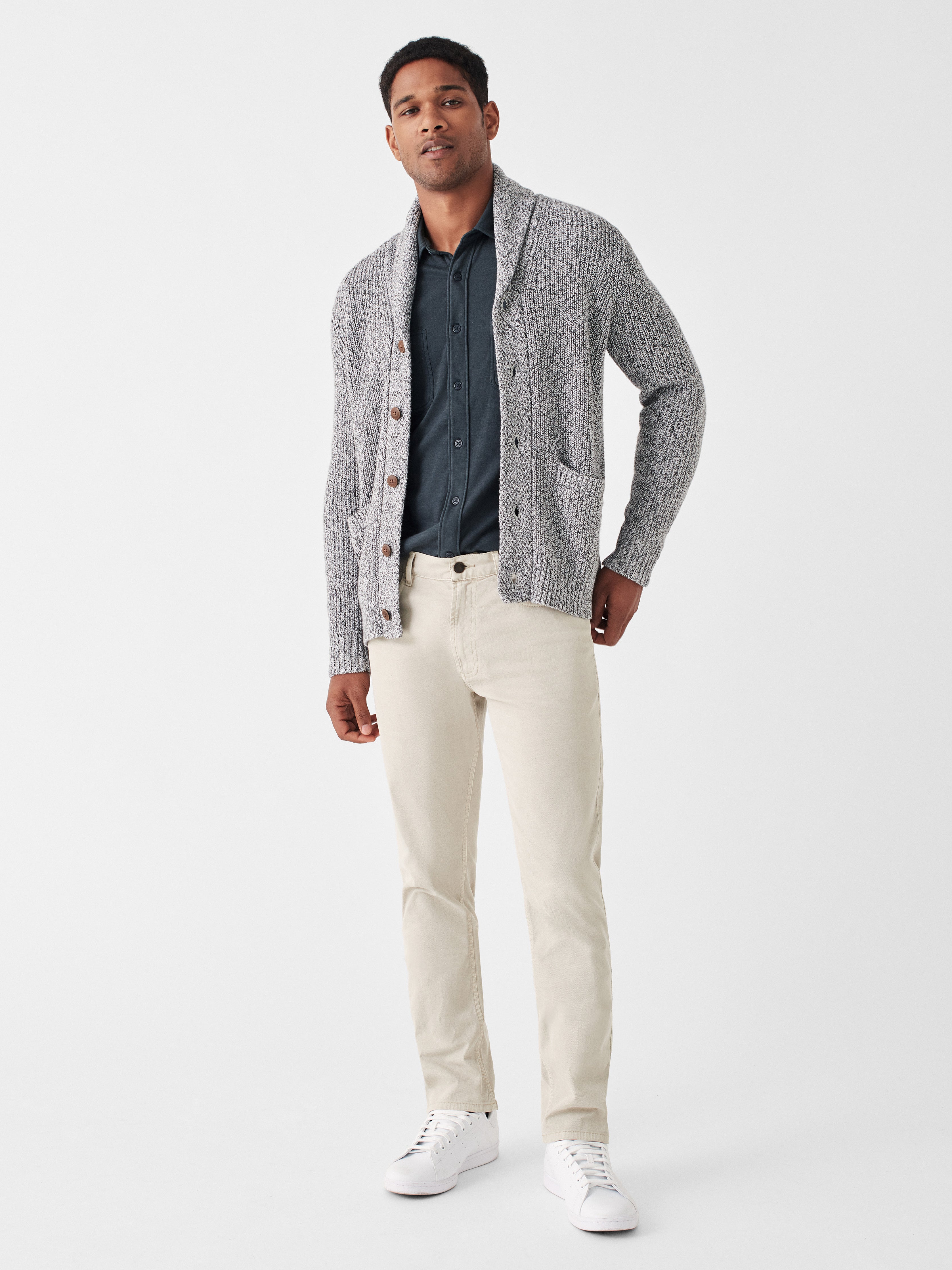 Marled Cotton Cardigan - Light Grey Marl