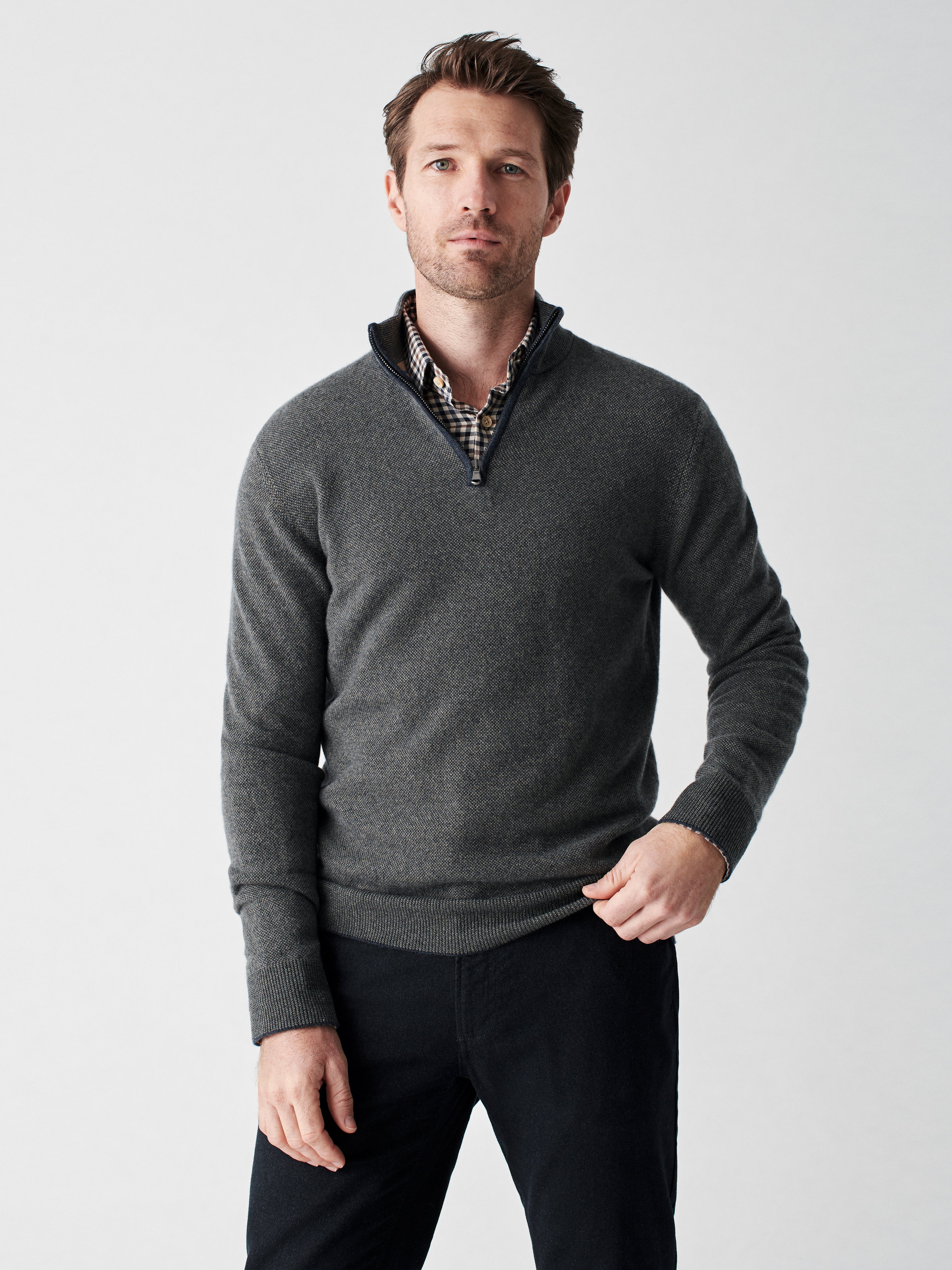 Reserve Cashmere Quarter Zip - Charcoal/Olive Marl