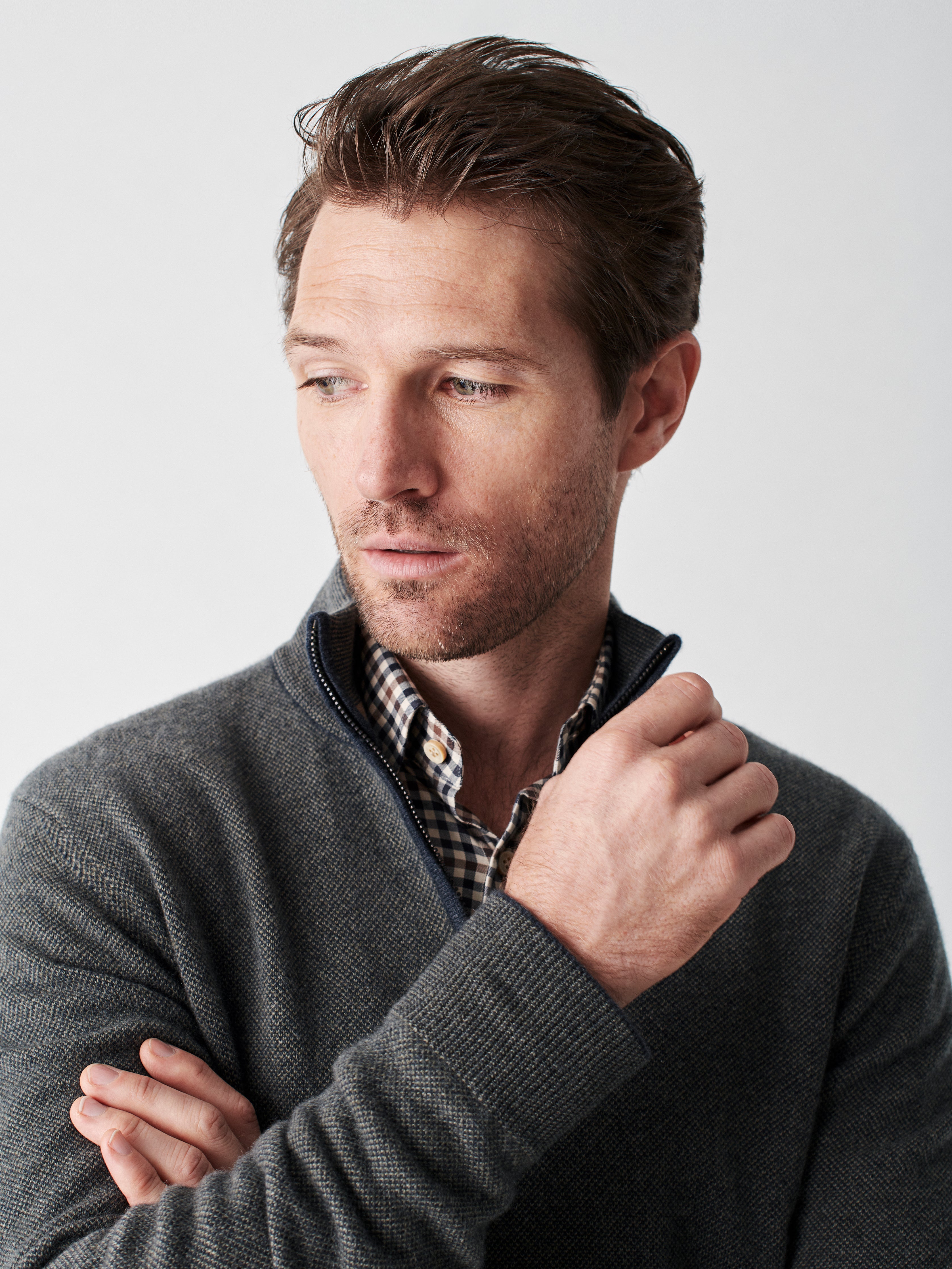 Reserve Cashmere Quarter Zip - Charcoal/Olive Marl