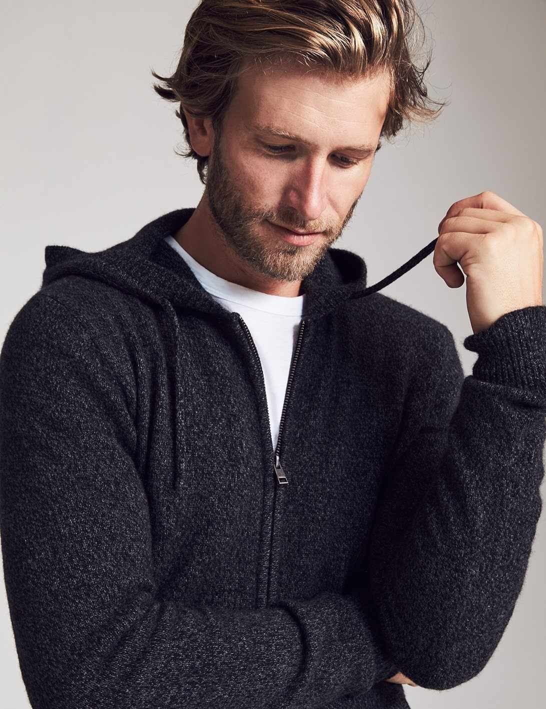 Cashmere Wool Full Zip Hoodie - Charcoal Marl