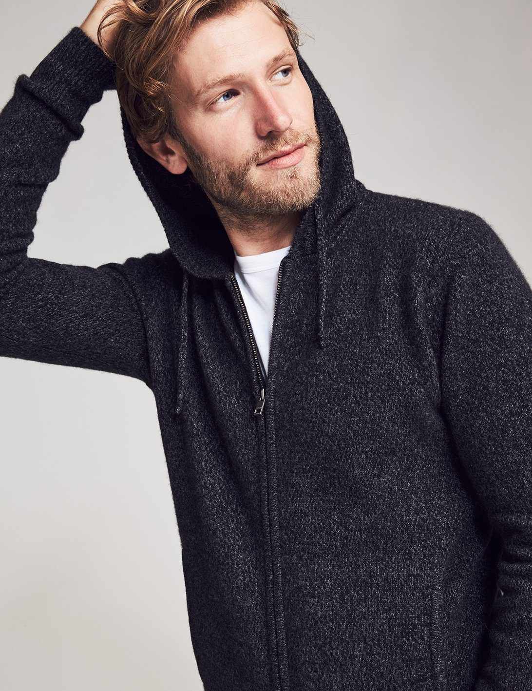 Cashmere Wool Full Zip Hoodie - Charcoal Marl
