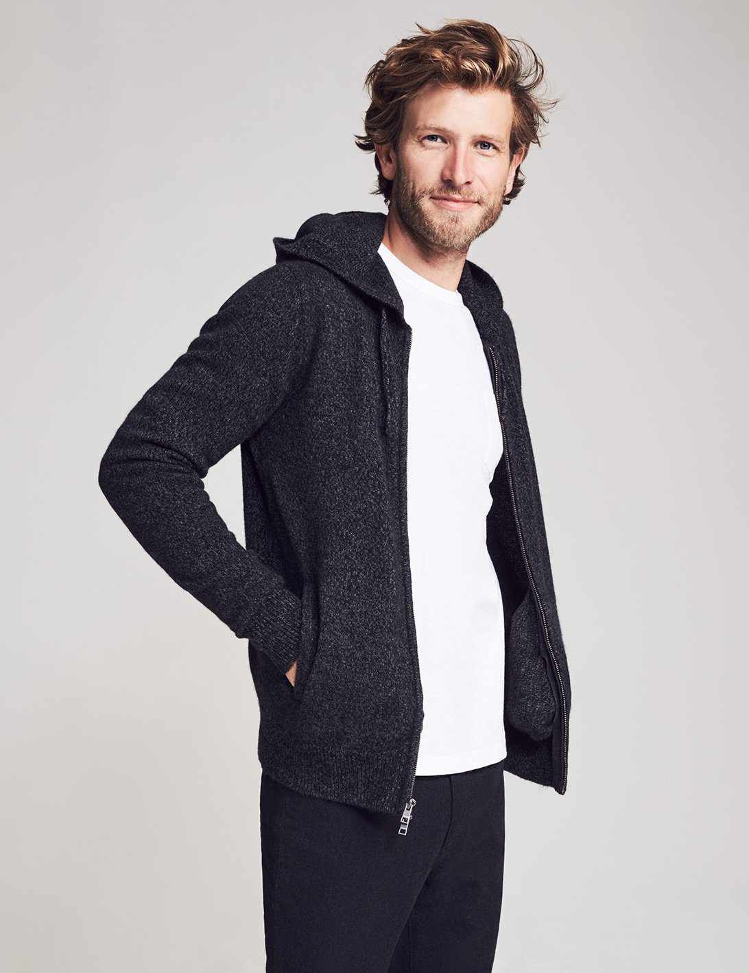 Cashmere Wool Full Zip Hoodie - Charcoal Marl