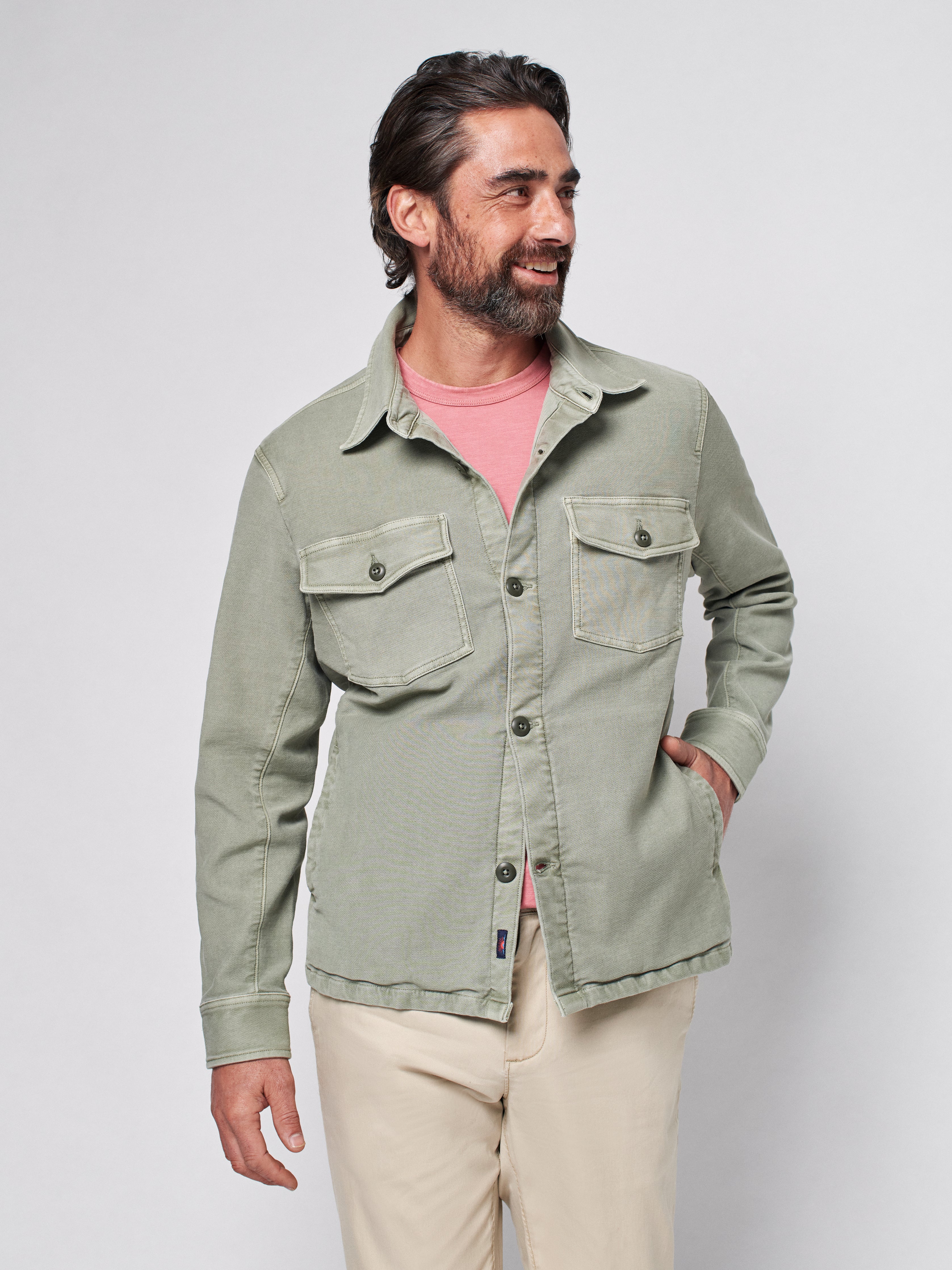 Stretch Terry Shirt Jacket - Faded Olive