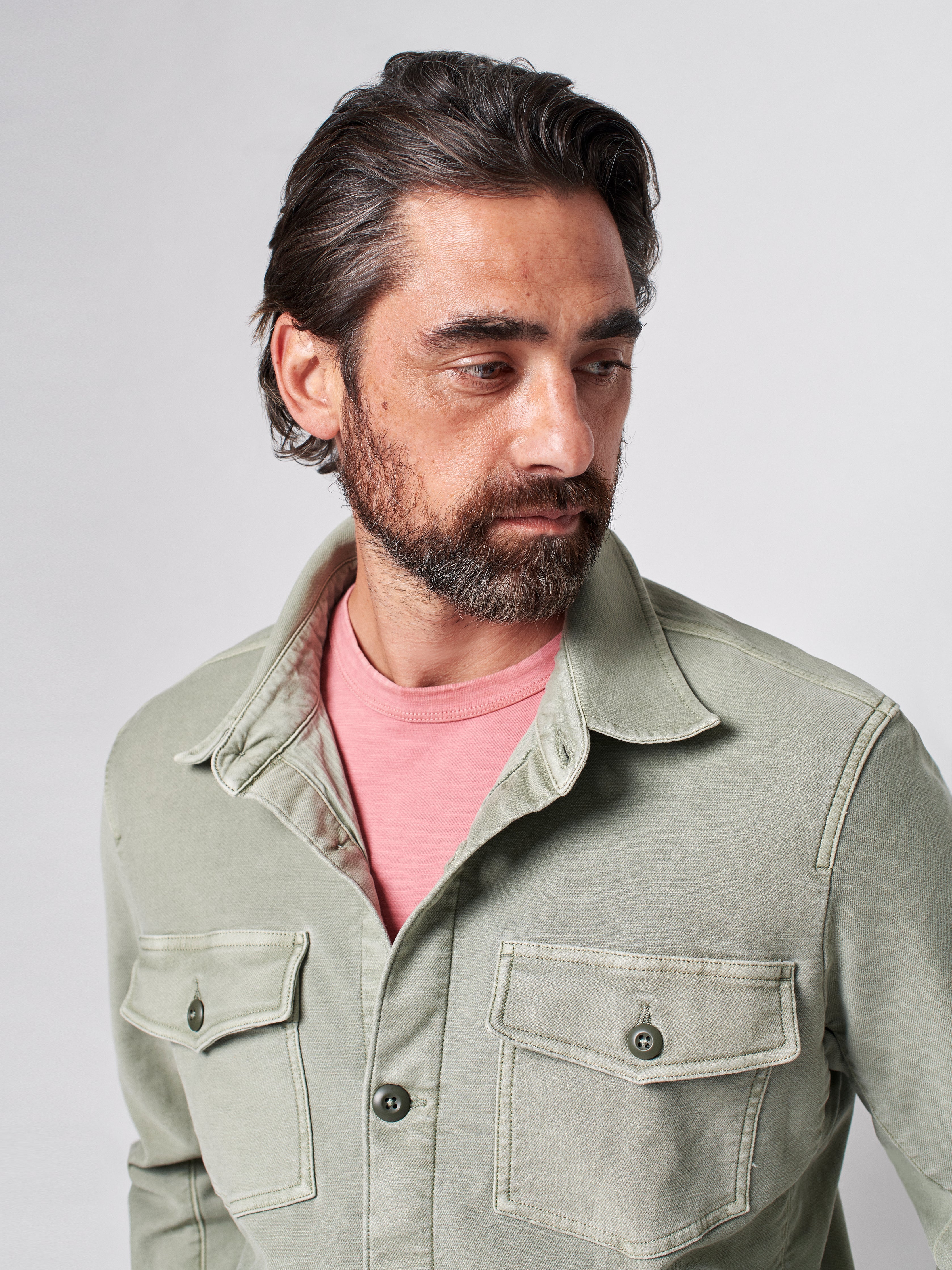 Stretch Terry Shirt Jacket - Faded Olive