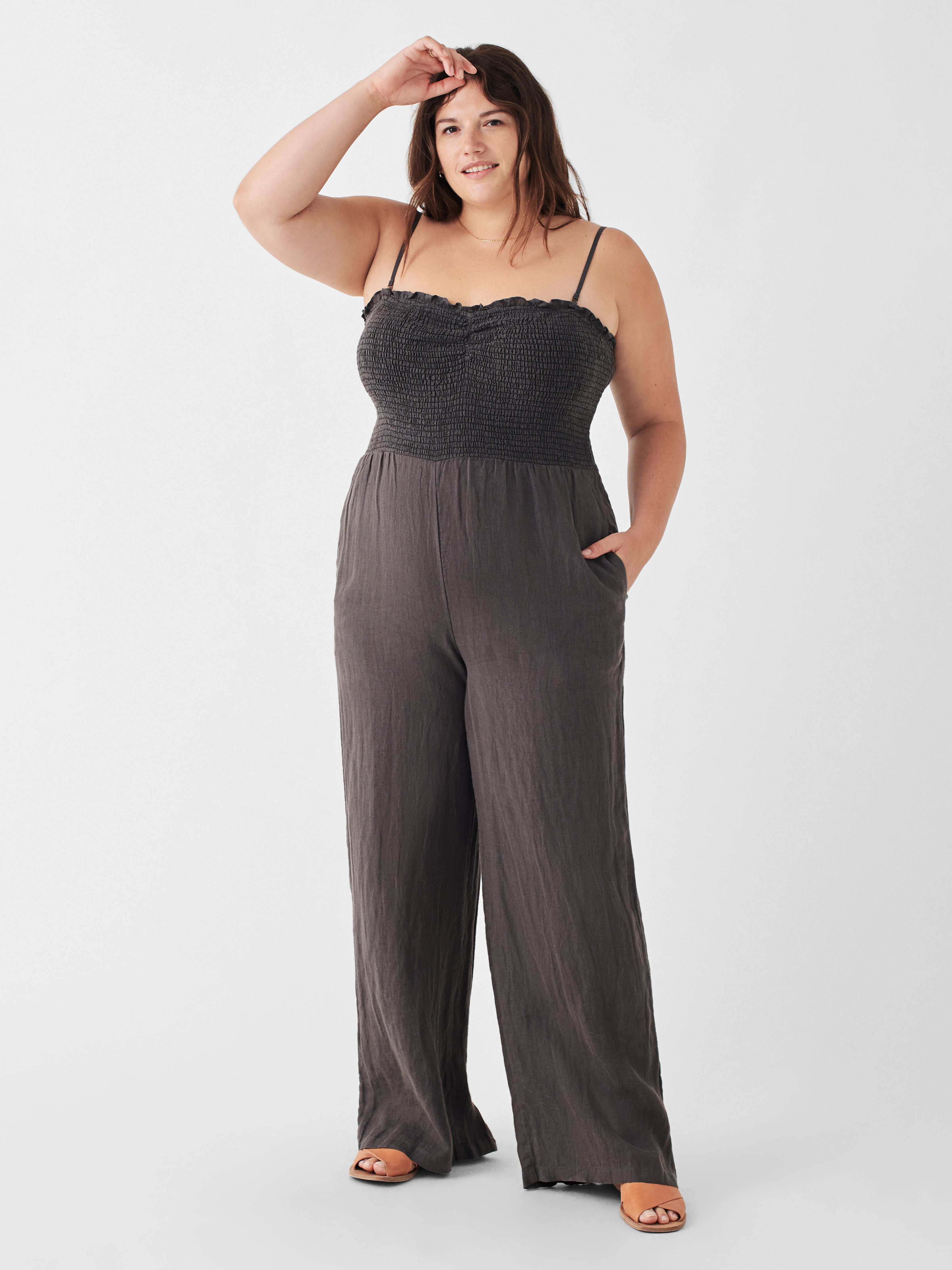 Mandy Linen Smocked Jumpsuit - Washed Black