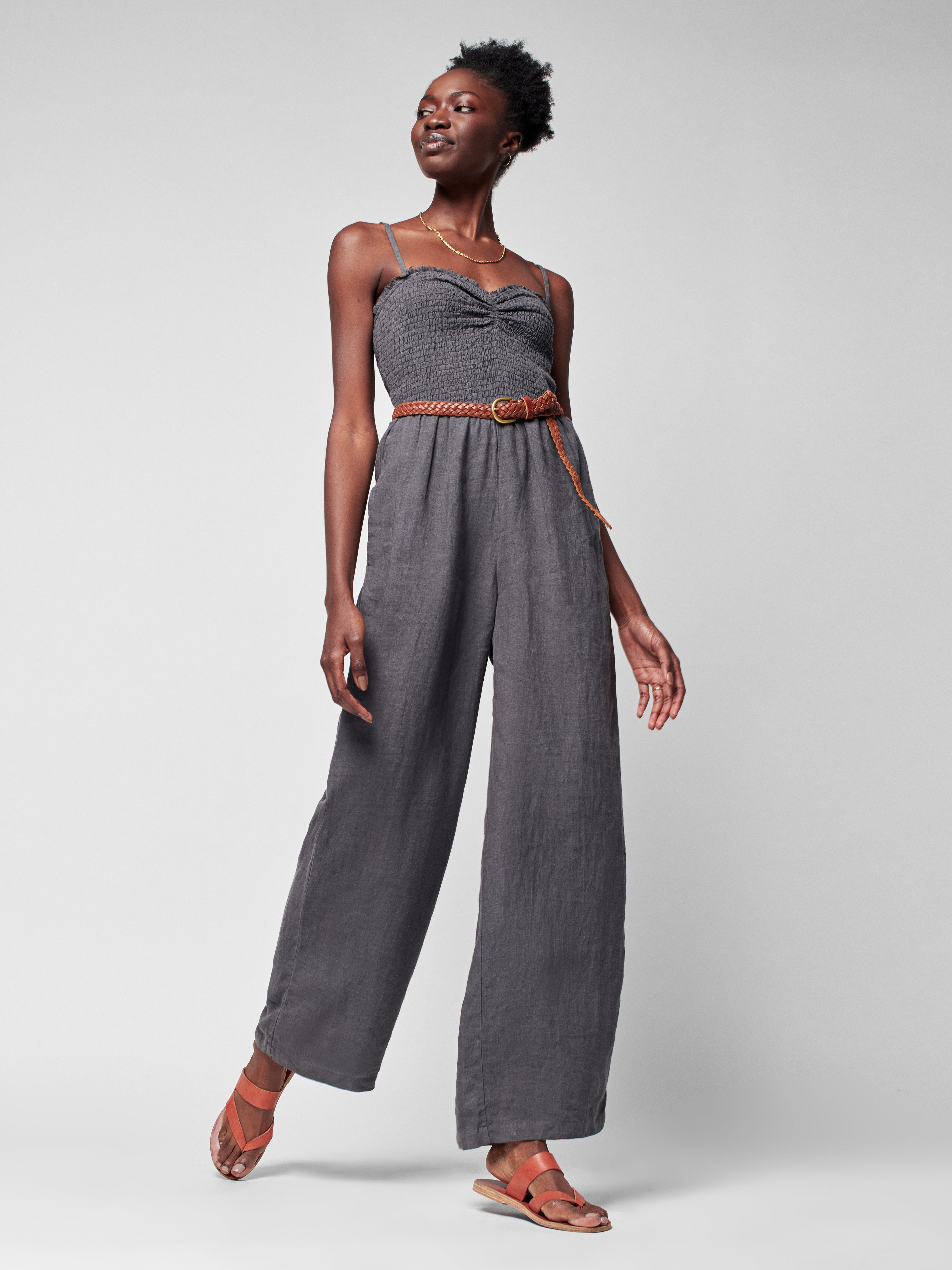 Mandy Linen Smocked Jumpsuit - Washed Black