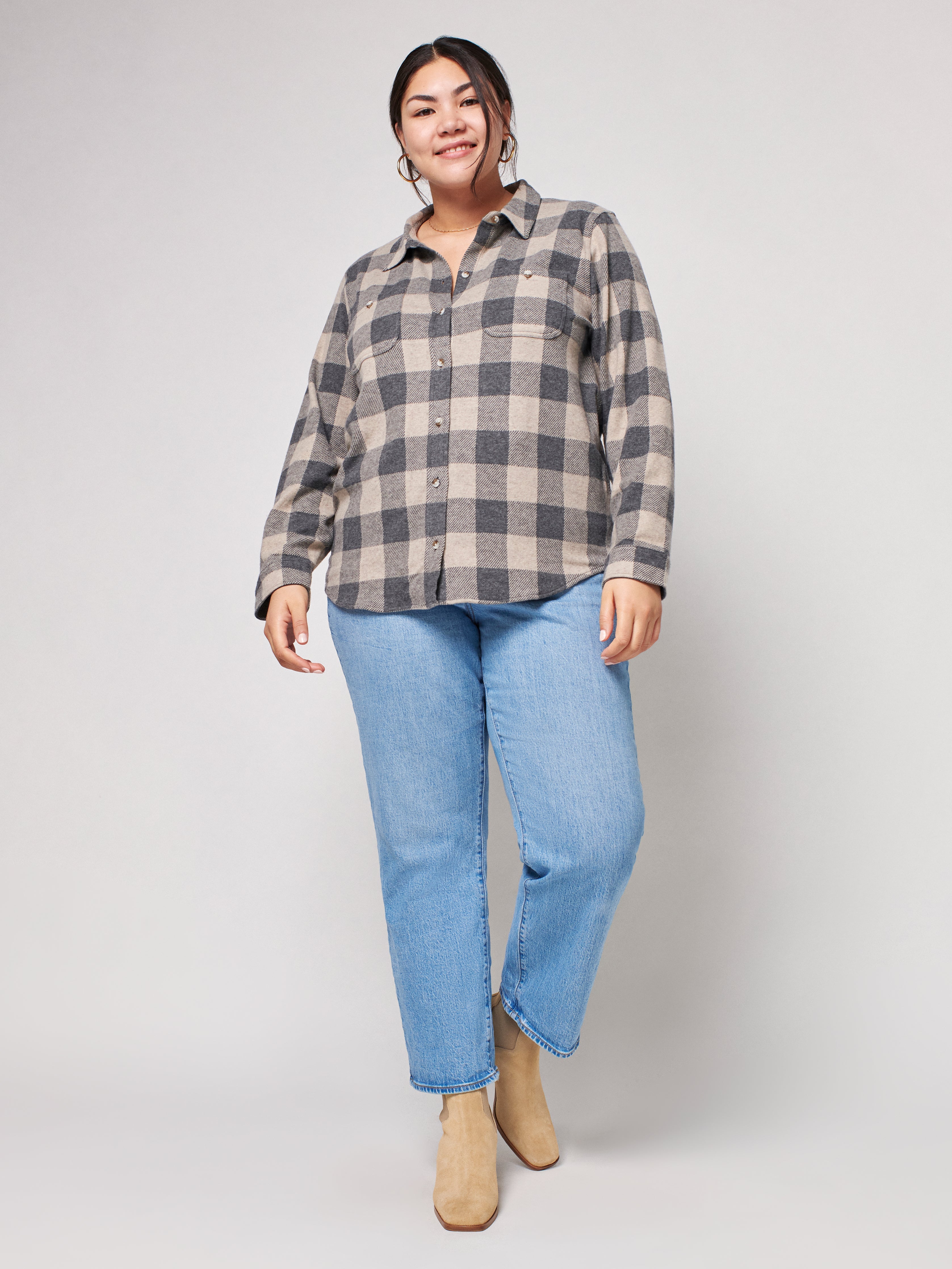 Legend™ Sweater Shirt - Tan Charcoal Buffalo Check